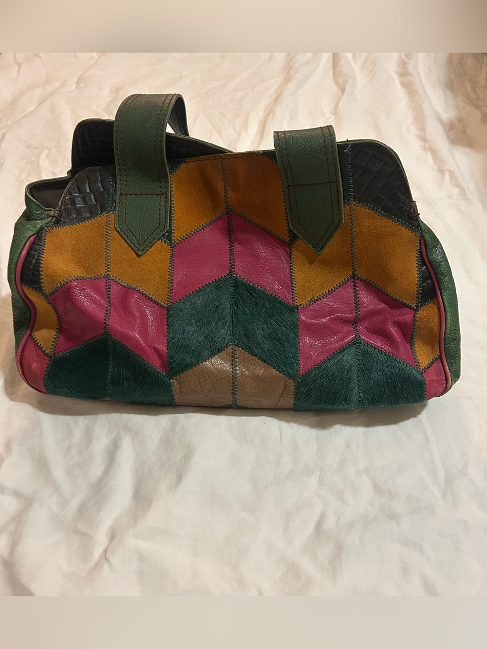 Vintage Caterina Lucchi Italian leather suede and calf hair patchwork bag